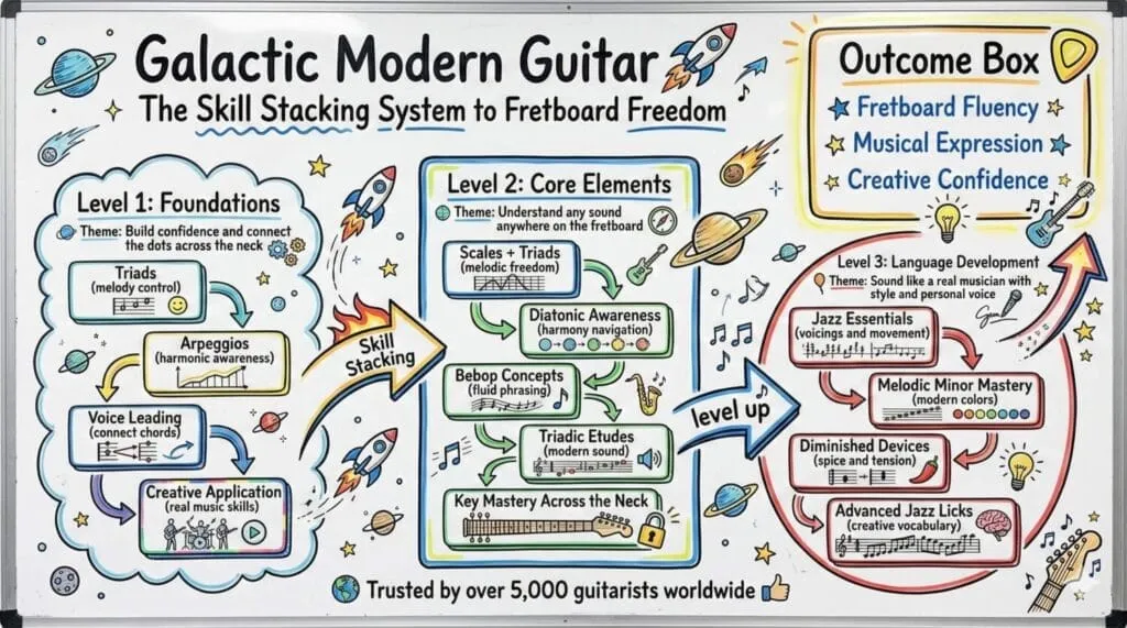 A futuristic, vibrant course graphic illustrating musical concepts and pathways to fretboard mastery.