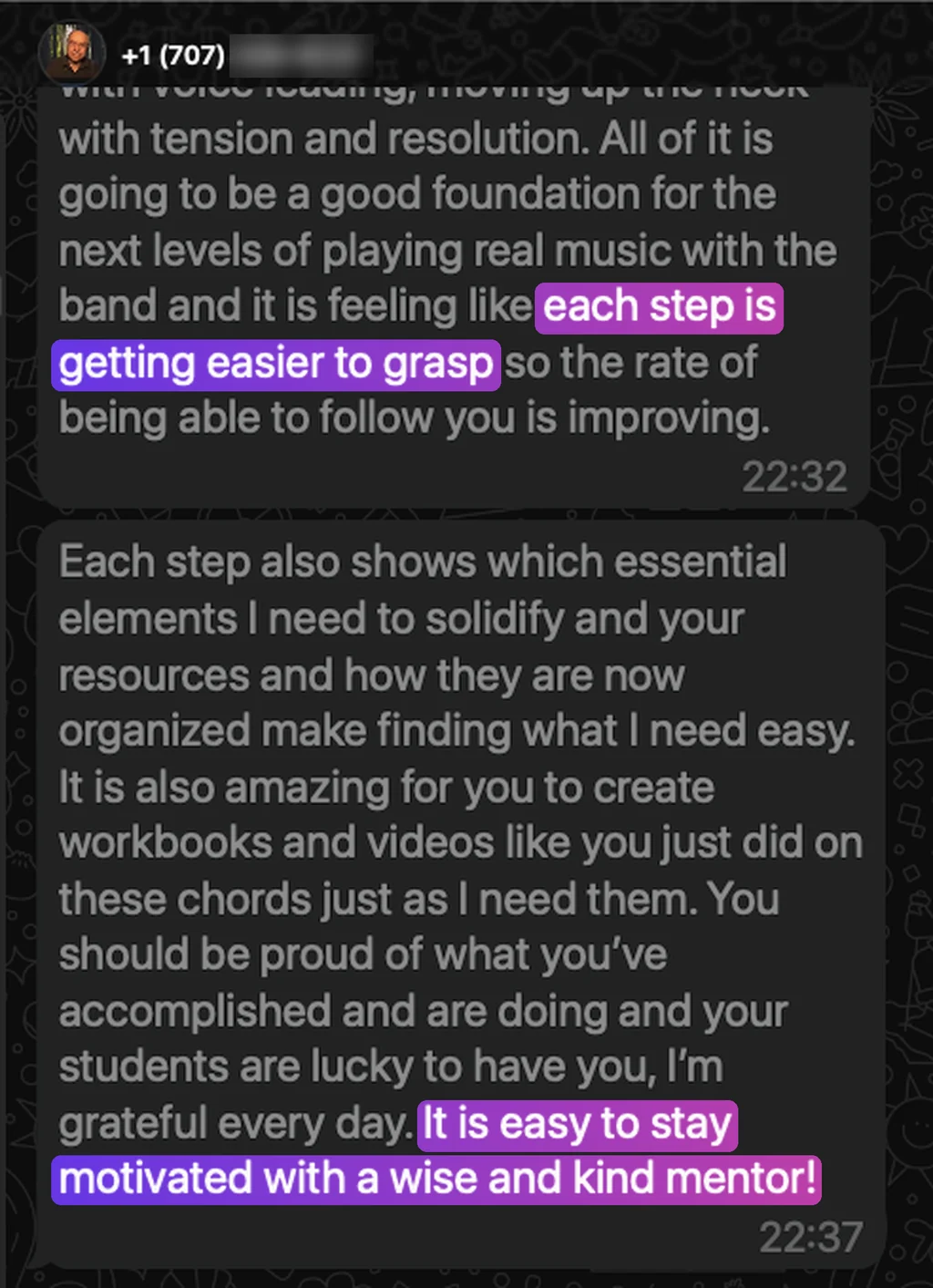 WhatsApp message from Steve, a mentorship student: each step is getting easier to grasp. It is easy to stay motivated with a wise and kind mentor.