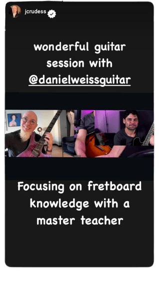 An Instagram story from Jordan Rudess: wonderful guitar session with danielweissguitar, focusing on fretboard knowledge with a master teacher