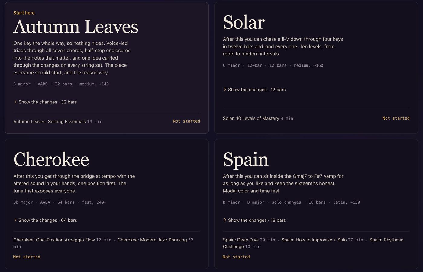 Tune labs inside the platform: Autumn Leaves, Solar, Cherokee, Spain