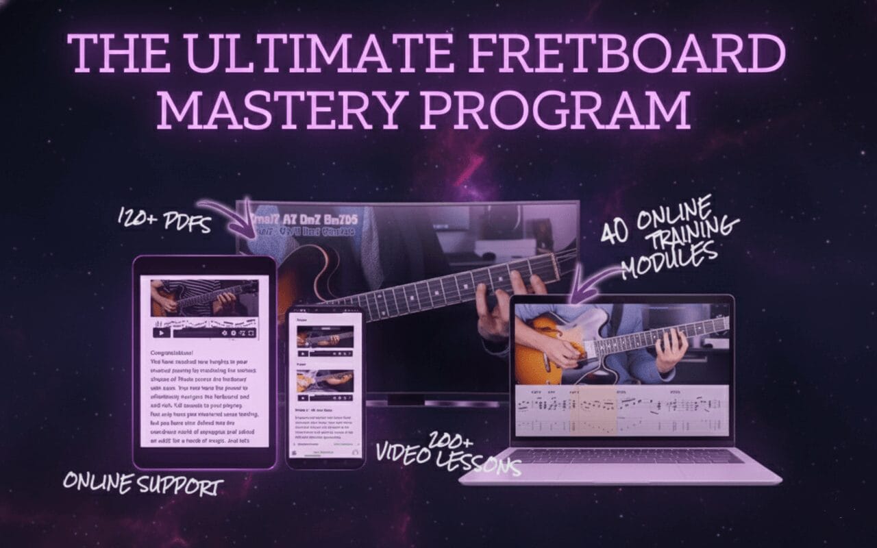 A guitar fretboard graphic showing scales and musical notation, highlighting the content of the course